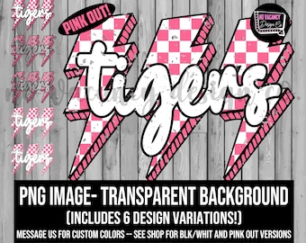 Pink Out Pink, Black and White Tigers Checkered Bolt PNG File | Sublimation, Screen Print, DTF, DTG File | Instant Digital Download Png File