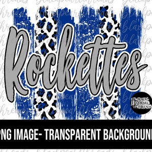 May include: A digital design featuring the word "Rockettes" in gray text with a blue and white leopard print background. The design has a distressed, brushstroke effect.