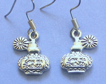 Perfume Bottle Earrings,Perfume Earrings,Silver Perfume Bottle,Silver Perfume Charm,Perfume Themed Gift,Love Perfume,Vintage Perfume Bottle
