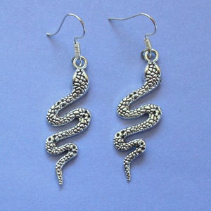 May include: A pair of silver snake earrings. The snakes are detailed with scales and are hanging from silver hooks.