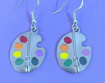 Silver Painting Earrings,Painter Earrings,Artist Earrings,Gift for Artist,Gift for Painter,Paint Palette,Painting Themed Gift,Stocking Fille