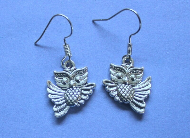 Silver Owl Earrings,Wise Owl Earrings,Cute Owl Earrings,Flying Owl Earrings,Owl Themed Gift,Gift For