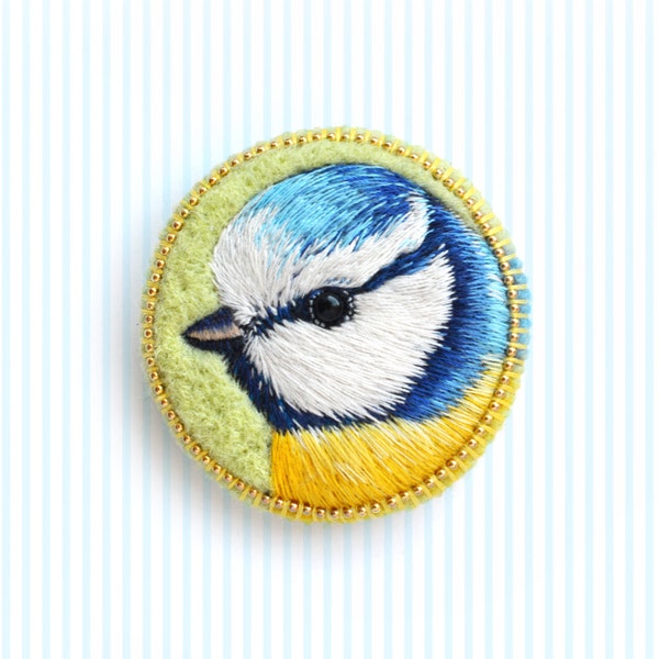 Blue Tit . brooch . handmade . felt . needle felted . hand embroidered . animal