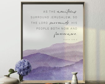 Purple Mountain Watercolor Bible Verse Print | Modern Christian Home Decor