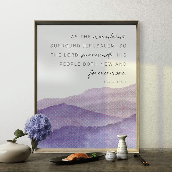 Purple Mountain Watercolor Bible Verse Print | Modern Christian Home Decor