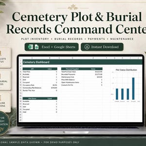 Op de afbeelding: Een digitaal commandocentrum voor begraafplaatspercelen en begrafenisregisters op een laptopscherm. Het dashboard bevat een spreadsheet-interface met een financieel overzicht, een staafdiagram voor perceelstatus en voorraadgegevens.
