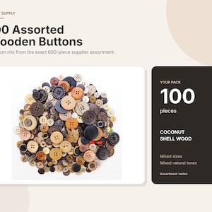 100 Assorted Coconut Shell Wood Buttons, Mixed Sizes, Natural Tones (Craft Supply)