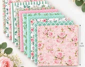12-Piece Cotton Fabric Bundle, Spring Floral, Pink Green Cottagecore (10x10 Inch Squares)