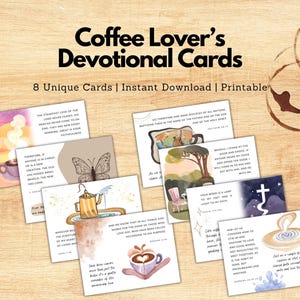 Tarjetas devocionales cristianas para amantes del café, imprimibles para el estudio bíblico matutino.