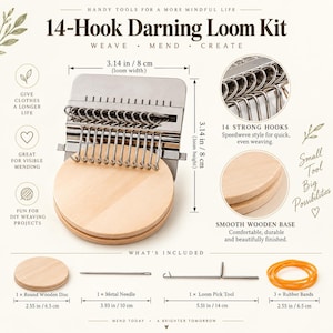May include: A 14-hook darning loom kit featuring a metal loom with a 3.14-inch width and height, a round wooden base, a 3.93-inch metal needle, a 5.51-inch loom pick tool, and three 2.55-inch rubber bands. The kit includes text labels and diagrams.