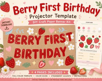 Beere Erster Geburtstag Geburtstagsprojektor Vorlage, Erdbeer Banner Kit (Digitaler Download)