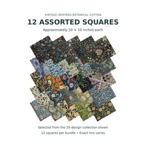 May include: A bundle of 12 assorted botanical cotton squares, each measuring 10 by 10 inches. The fabric pieces feature various floral and leaf patterns in dark, muted color palettes including blue, green, orange, and cream tones.