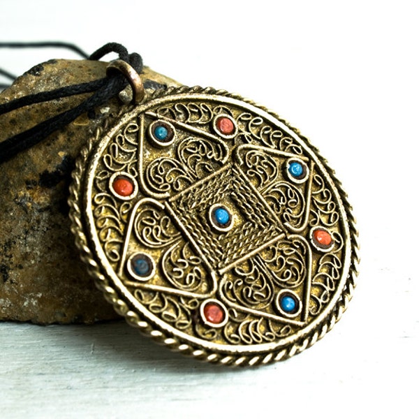 Reserved for David ~ Tibetan Pendant Necklace, Vintage Double Sided Mandala Pendant Made in Nepal, Ethnic Boho Chic, Tribal Zen