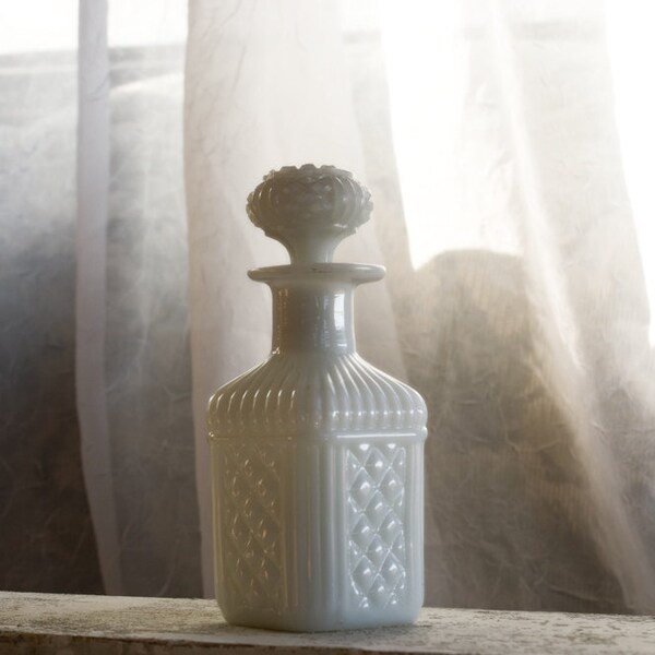 Milk Glass Perfume Decanter, Vintage Milk Glass Perfume Apothecary Bottle, Shabby Chic Garden Home Decor