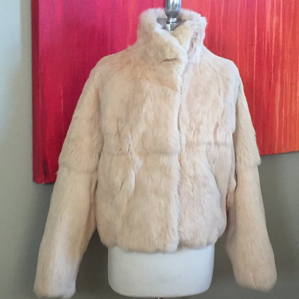 Vintage 80's Rabbit Fur Coat, Champagne, Long Sleeve, Size Medium, Prom, Costume, Dress Up