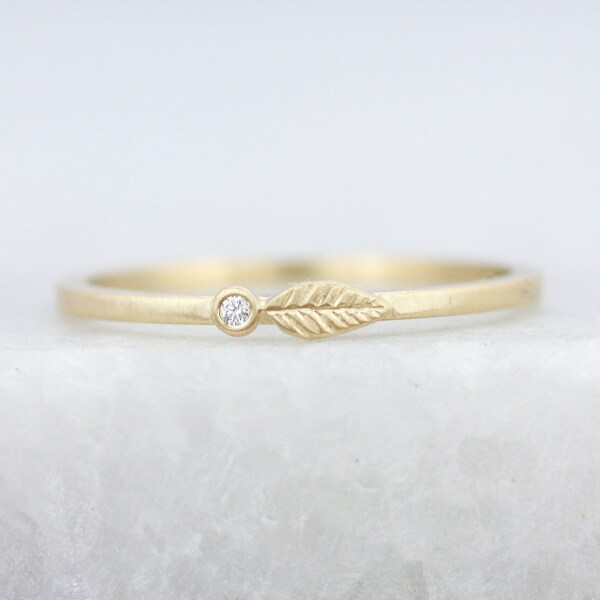 Made to Order: Little Leaf + Diamond Stacking Ring, 14k Yellow Gold