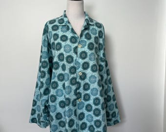 Vintage 70s Kerwood Night Shirt | Blue & Teal Medallion Geometric Print Pajama Top | Retro Permanent Press Cotton Blend | Mens size medium
