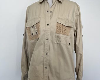 Camisa utilitaria vintage LAUREN Ralph Lauren Safari Outfitters // Camisa de campo de algodón color caqui de los 90 // Top de pesca con detalles de malla // Talla pequeña para mujer
