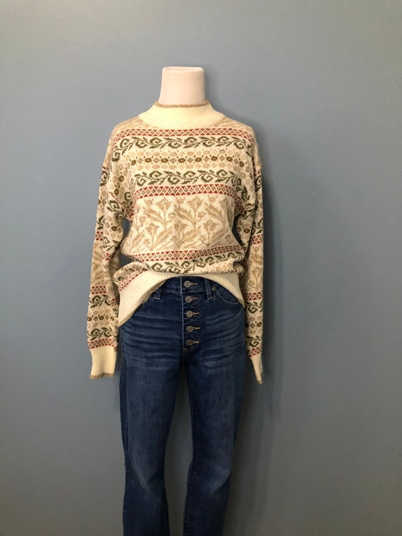 Vintage 80s FAIR ISLE Sweater / 1980s NORDIC Wool… - image 1