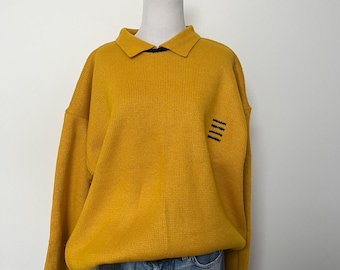 Vintage 80’s Deadstock GITANO Sportswear Collared Sweater // Yellow Jumper with Black Slash Logo // Mens XL