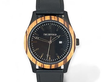 Inverness Collection | Natural Brown Zebrawood Wooden Watch with Black Leather Strap - Wood & Stainless Steel Wristwatch - Memory Band Clasp