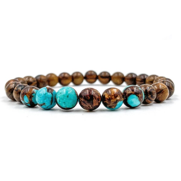 Collection Grove - Bracelet en perles de bois et de pierre - 8 mm de turquoise bronzite et perle de bois de santal en peau de tigre - Bracelets mala en bois et pierres précieuses