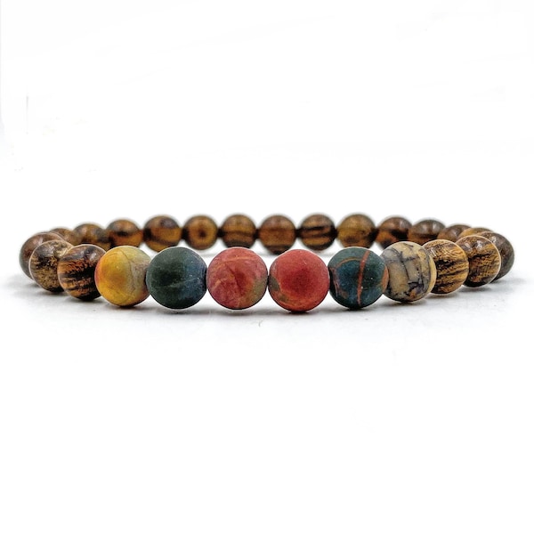 Grove Collection - Tigerskin Sandalwood & Picasso Jasper Beaded Bracelet - Handcrafted 8mm Wooden and Gemstone Beaded Mala Stretch Bracelets