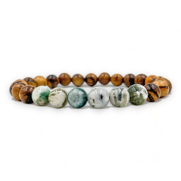 Collection Grove - Bracelet en perles de bois et de pierre - Agate d'arbre de 8 mm et perle de bois de santal brun foncé Bracelets Mala en bois et pierres précieuses faits à la main