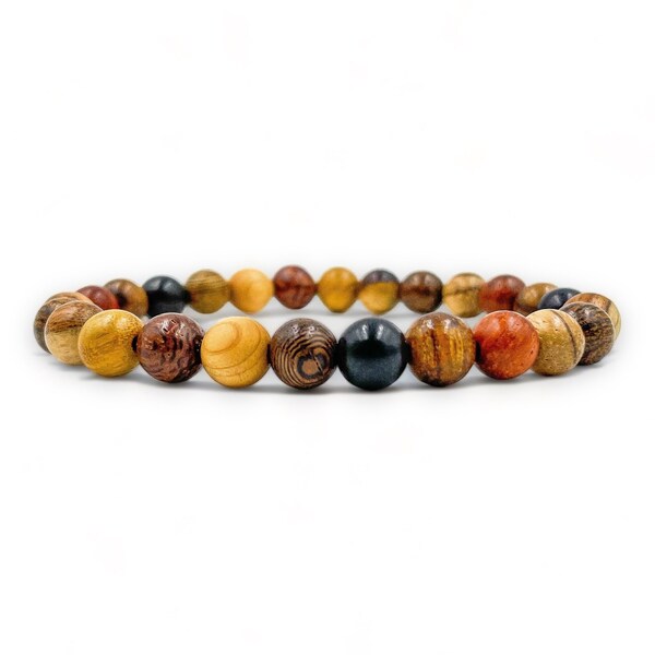 Premium Handmade Natural All Mixed Up Wood Bead  - 8mm Wooden Beaded Stretch Unique Bracelet - Lifetime Warranty - Bohemian Style Bracelet