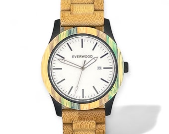 Inverness Collection | Multi Bamboo Wood & Black Stainless Steel Watch | Bamboo Strap | White Dial