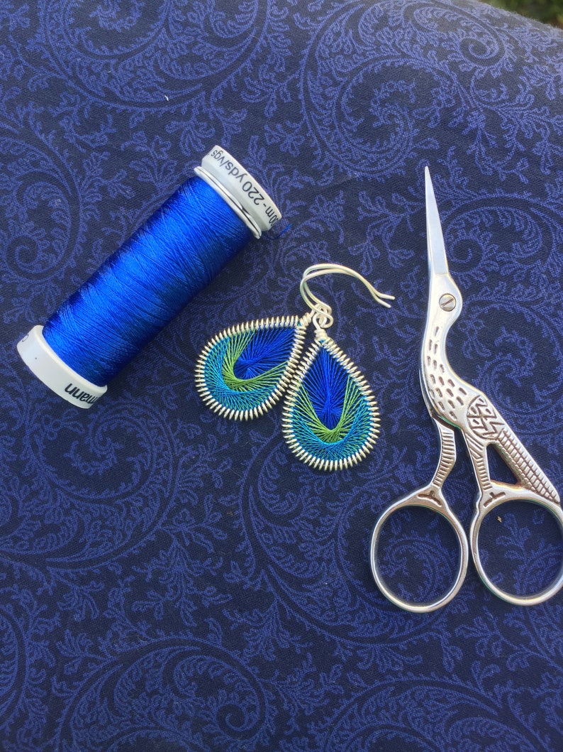 Thread Earrings Blue Olive Green & Metallic Blue Thread - Etsy