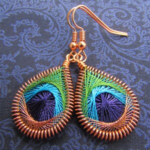 Feather Jewelry - Petite Size - Olive Green, Peacock Blue, Dark Blue & Copper Feather Earrings