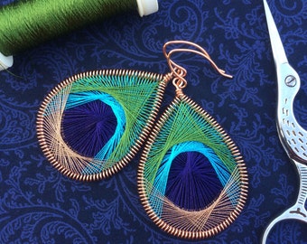 Peacock Feather Earrings - Large - Olive Green, Bright Blue, Dark Blue & Copper Feather Earrings