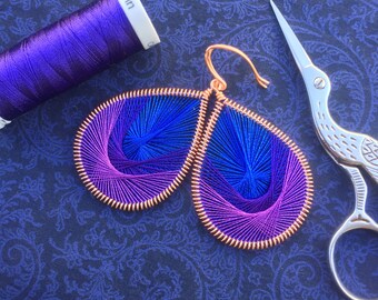 Peruvian Thread Earrings - Blue, Purple, & Light Purple Woven Earrings