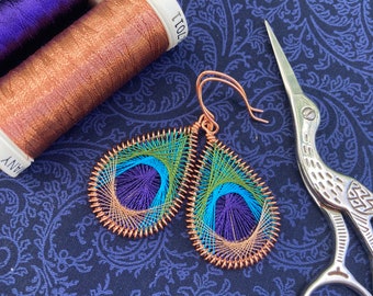 Peacock Earrings  - Medium - Olive Green, Bright Blue, Dark Blue & Copper Feather Earrings