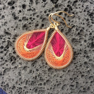 Peruvian Thread Dangle Earrings Pink, Metallic Gold, & Burnt Orange Woven Thread Earrings image 2