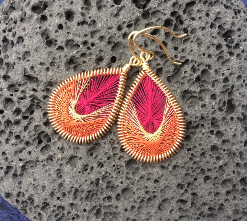 Peruvian Thread Dangle Earrings Pink, Metallic Gold, & Burnt Orange Woven Thread Earrings image 2