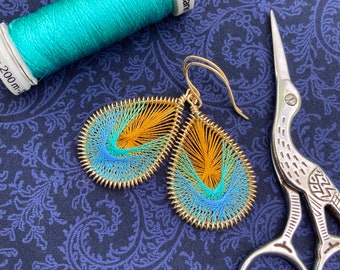 Mustard Yellow, Aqua & Light Blue Peruvian Thread Earrings