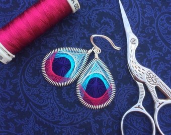 Peacock Feather Earrings - Size Medium - Midnight Blue, Peacock Blue, Silver and Maroon Woven Earrings