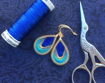 Blue, Gold & Peacock Blue Peruvian Thread Earrings