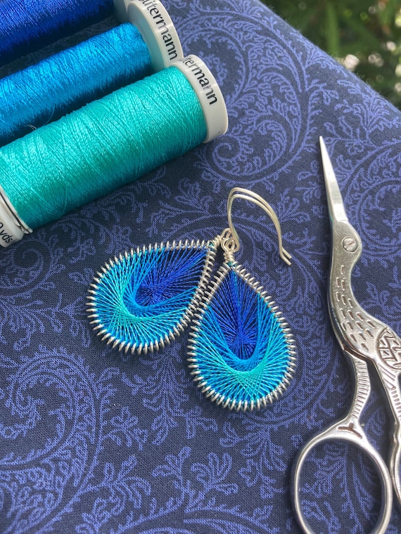 Shades of the Ocean Blue Peruvian Thread Earrings Woven Earrings