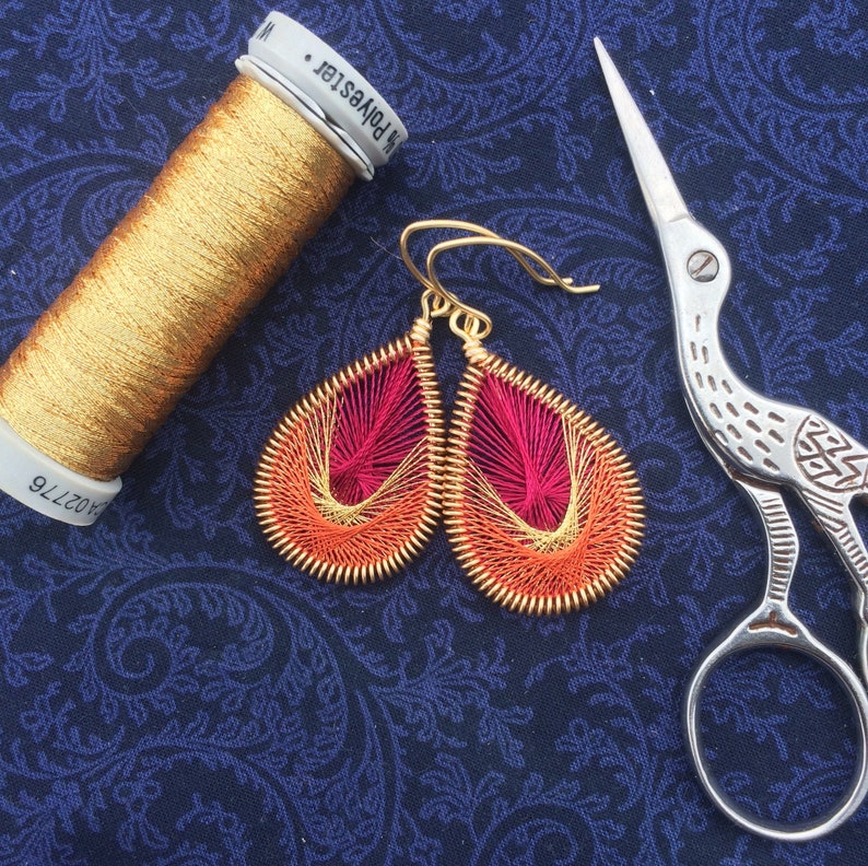 Peruvian Thread Dangle Earrings Pink, Metallic Gold, & Burnt Orange Woven Thread Earrings image 1