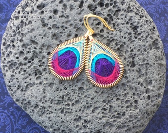 Peacock Feather Earrings - Medium Size - Midnight Purple, Peacock Blue, Gold and Maroon Woven Earrings