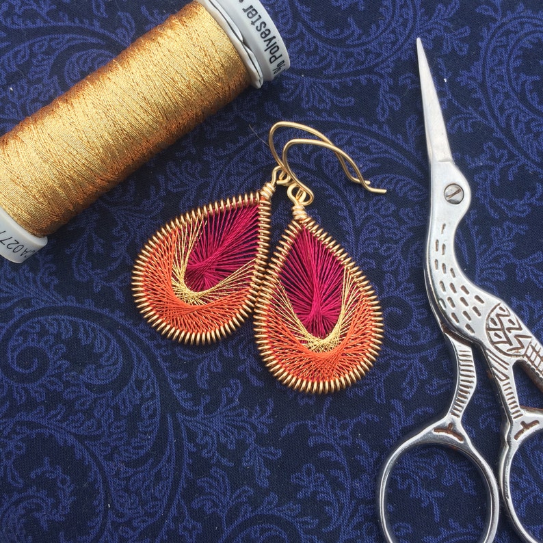 Peruvian Thread Dangle Earrings Pink, Metallic Gold, & Burnt Orange Woven Thread Earrings image 4