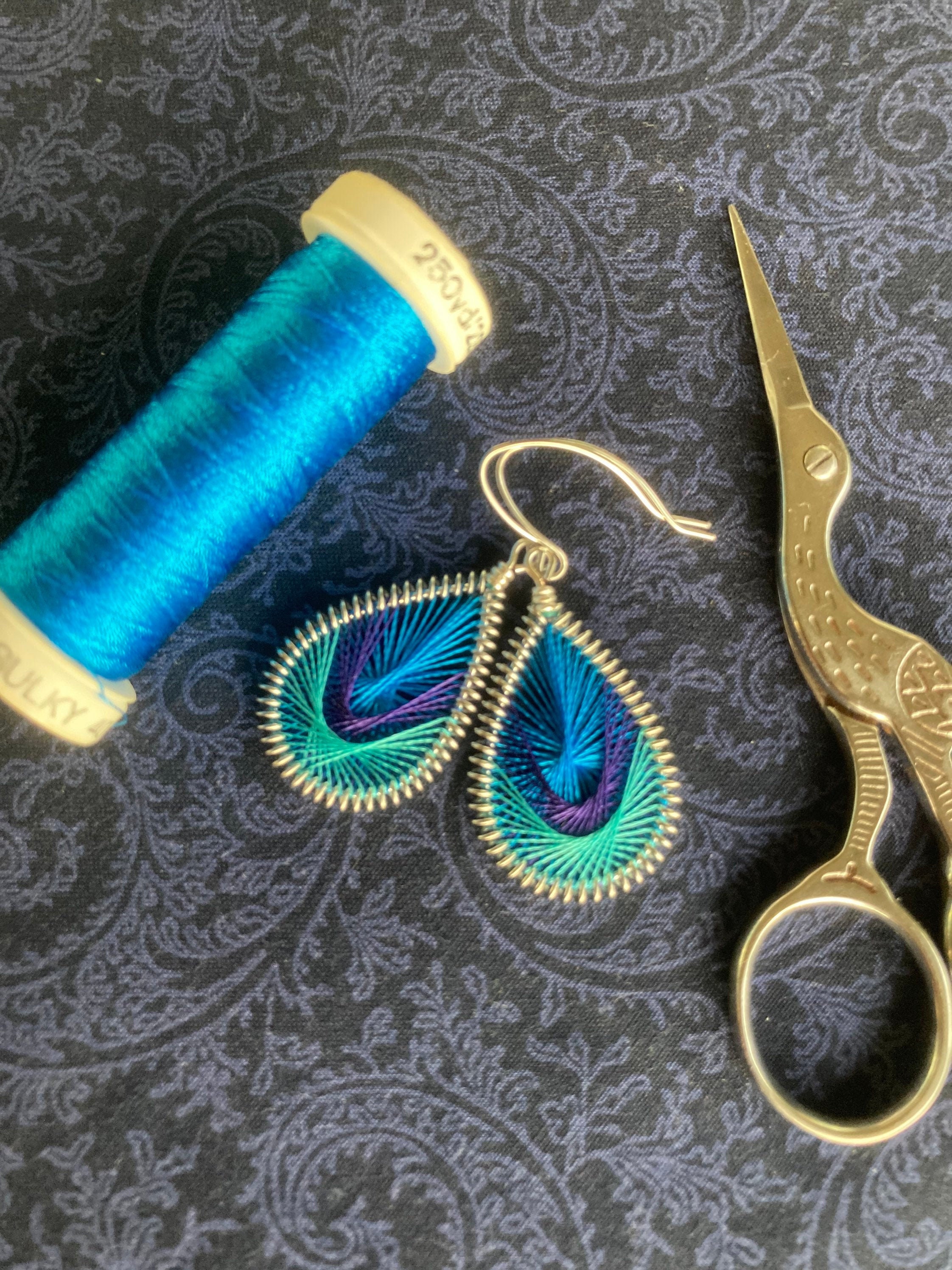 Peruvian Thread Earrings - Peacock Blue, Purple & Aqua Dangle Earrings