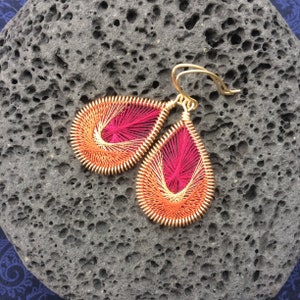 Peruvian Thread Dangle Earrings Pink, Metallic Gold, & Burnt Orange Woven Thread Earrings image 5