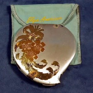 1950s Elgin American Purse Compact, Gold Tone Heart Shaped, Powder