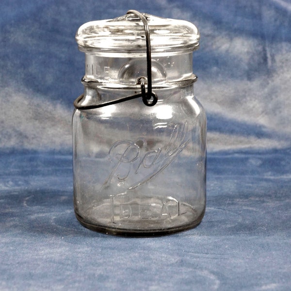 RARE 1920s Antique Ball Ideal Pint Clear Canning Fruit Jar with Wire Bail and Glass Lid, Farmhouse Cottage Core Kitchen Decor, Gift For Her