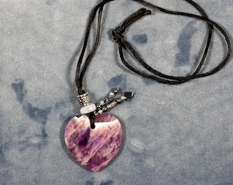 Vintage Heart Shaped Amethyst Necklace Pendant, Large Carved Purple Amethyst Stone Jewelry, Valentine's Day Gift, Birthday Gift For Her