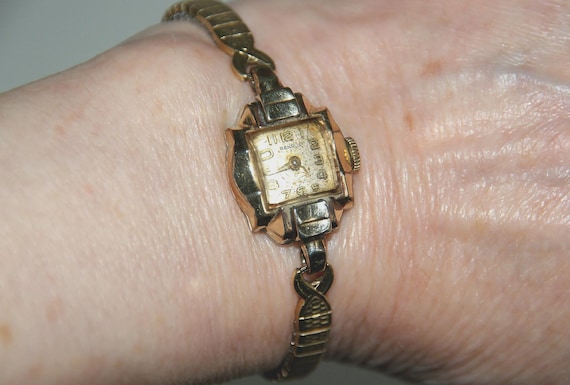 Vintage 1940s Benrus Ladies Watch, 10K RGP, Art Deco Stretch Bracelet (Non-Working)